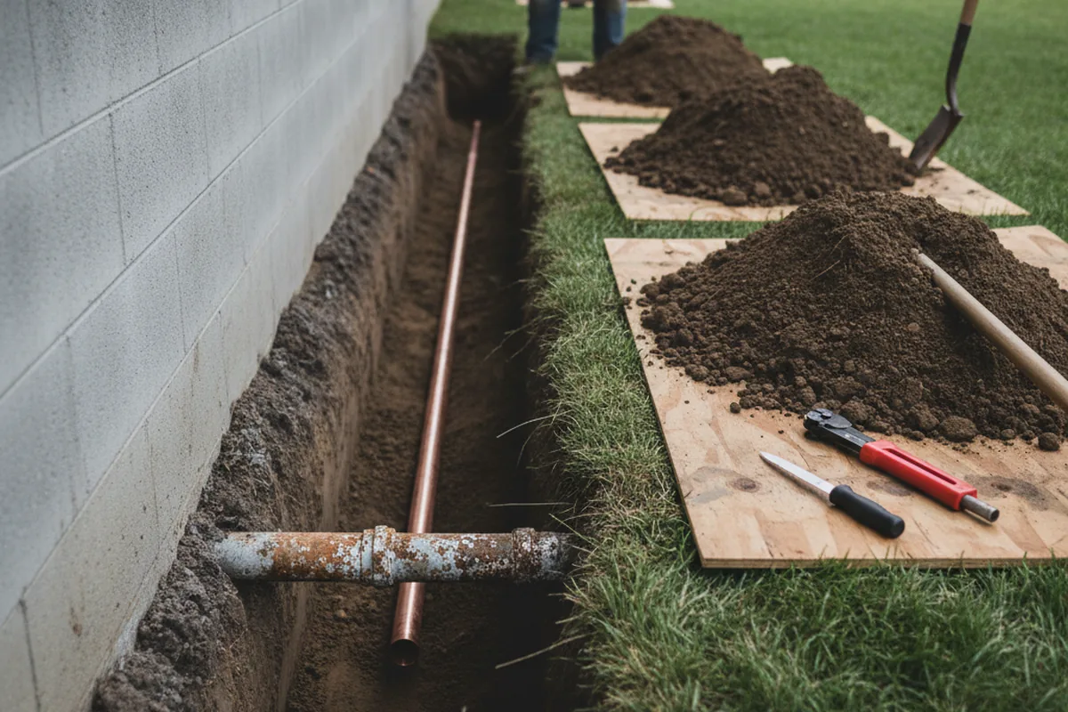 Excavated water line trench during Sewer Line Repair in Wenonah